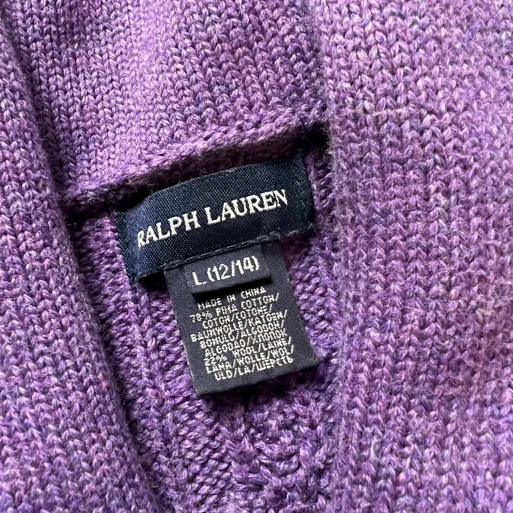 Ralph Lauren Cardigan Girls L 12/14 Purple Cable Knit Suede Elbow Patch Sweater